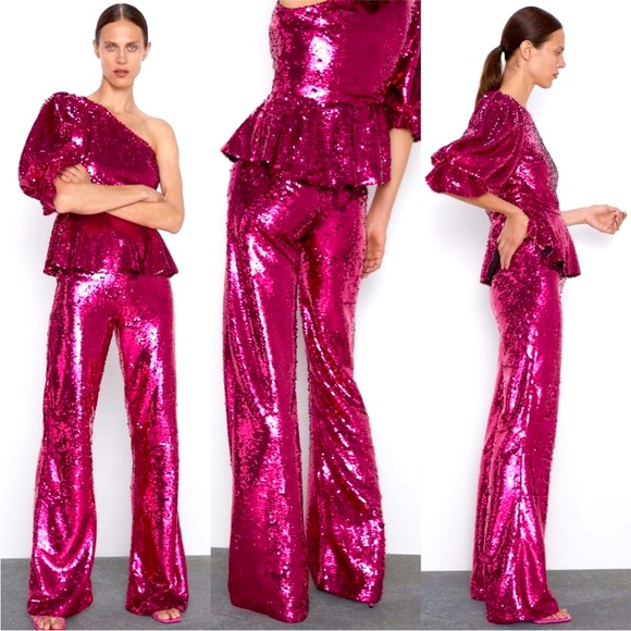 Zara Pants - NWT Zara fuchsia sequin flare pants